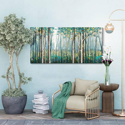 Large 60x30" Hand-Painted Birch Tree & Green Leaf Oil Painting on Canvas — Modern Landscape Wall Art for the Living Room, Bedroom, or Office.