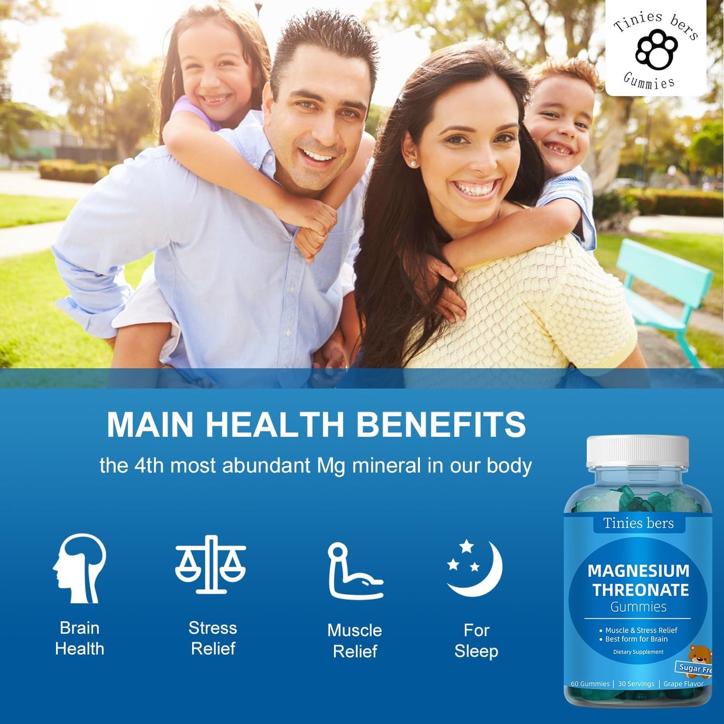 Magnesium Threonate Gummies 500mg, Sugar Free L-Threonate Gummies for Adults Kids, Best Mganesium Gummies for Brain, Non-GMO, Gulten Free, Vegan, Pectin, 60