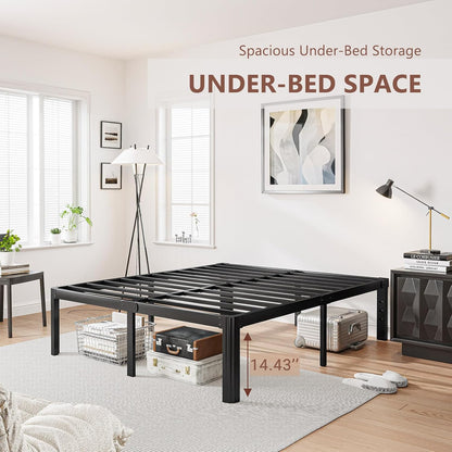 16 Inch High Platform Queen Bed Frame No Box Spring Needed, Metal Bed Frame Queen Size, Noise Free, Easy Assembly, Heavy Duty, Black