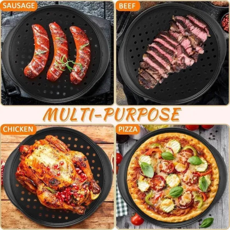 Meekoo 8 Pcs Pizza Pans with Holes and Handle 12 Inch Non Stick Pizza Crisper Tray for Oven Round Carbon Steel Perforated Pizza Baking Accessories for Home Restaurant Kitchen Baking Supplies