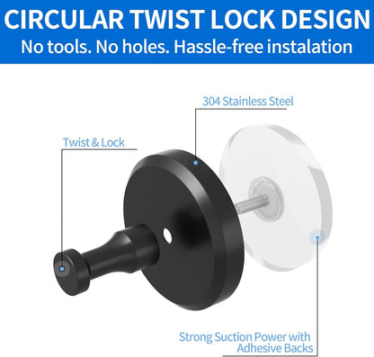 2 Pack Suction Cup Hooks for Shower, Towel Hooks for Bathrooms, Suction Hooks for Windows, Glass, Mirror, Tile, No Drill Shower Hooks for Hanging Loofah, Robe, Matte Black,