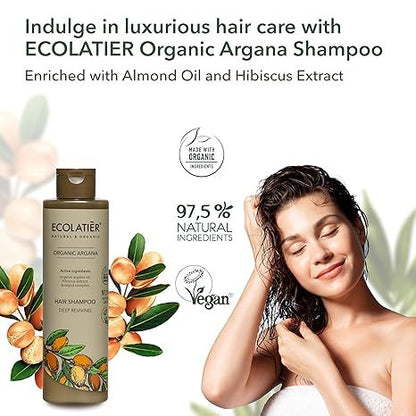 ECOLATIÈR Argan Oil Shampoo – 98.6% Natural, Vegan, Hydrating & Strengthening, Almond Oil & Hibiscus Extract for Revitalized Hair, Gentle for All Hair Types, 8.5 Fl Oz / 250ml