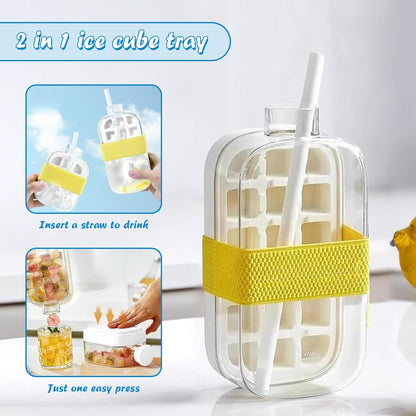 Ice Cube Trays for Freezer, 2 In 1 Ice Cube Tray Water Bottle with Lid and Bin, New Vertical Tray with Lid for Freezer, Easy Ice Release for Freezer (White, 800ml+18 Grids, Straw Not Included)