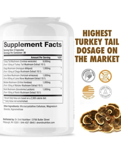 Dr. Emil Nutrition Turkey Tail Mushroom Plus Lions Mane, Chaga, Reishi, Maitake