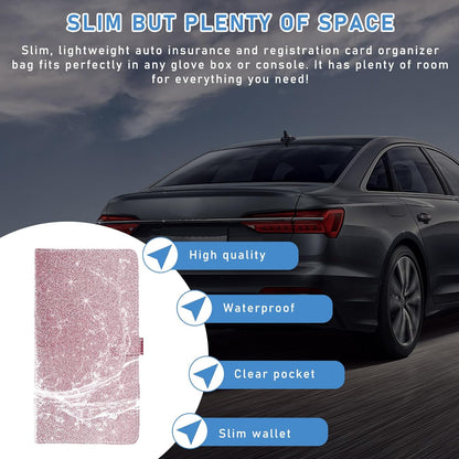 Ziciner Car Registration and Insurance Holder, Auto Card Document Glove Box Organizer with Magnetic Closure, Universal Vehicle Interior Accessories for Cars SUVs (Glitter Pink-Large)