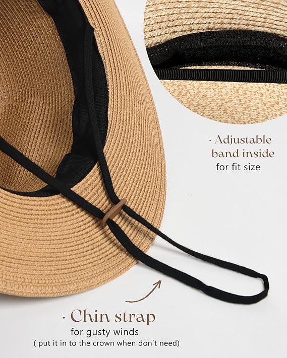 FURTALK Womens Wide Brim Straw Panama Hat Fedora Summer Beach Sun Hats UPF Straw Hat Khaki (LARGE)
