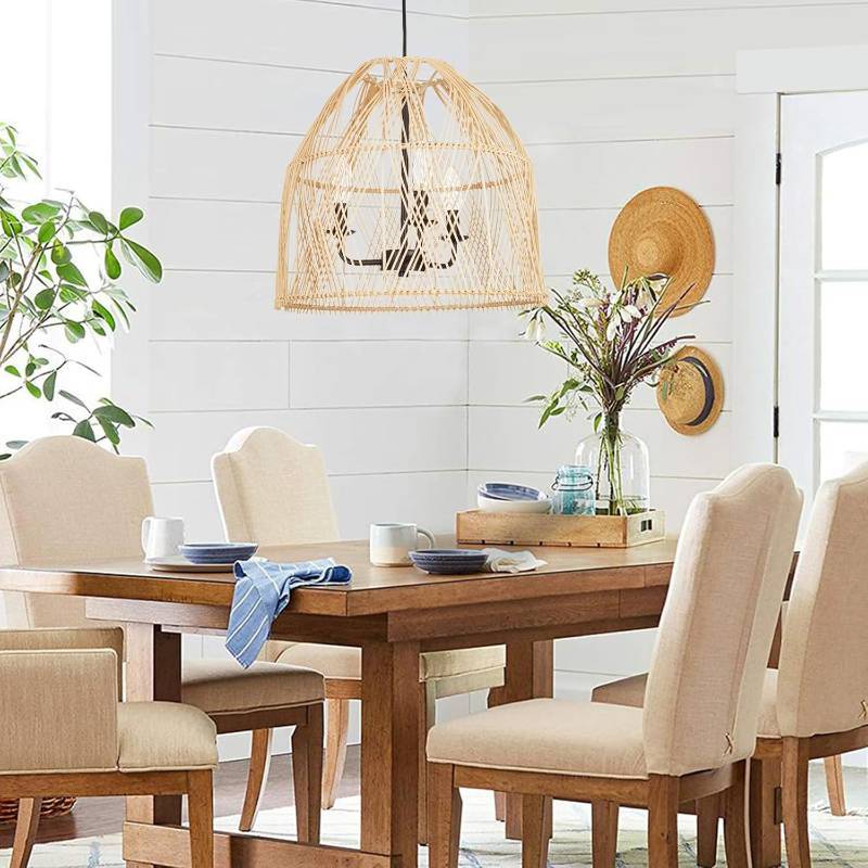 Farmhouse Rattan Pendant Light Fixture, 16 Inch Large Boho Handwoven Hanging Ceiling Mount Lamp Shade, 3-Light Rustic Wicker Chandelier for Kitchen Dining Living Room Bedroom Hallway Foyer