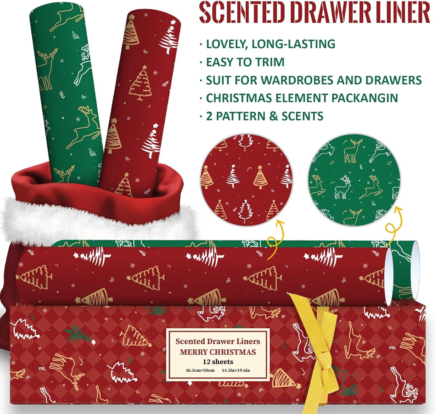 Christmas Scented Drawer Liners – 12 Sheets (14.3" x 19.5") – Apple Cinnamon & Cedar Fragrance – Festive Shelf Paper for Dressers, Closets & Holiday Gifting (Gift Box Included)