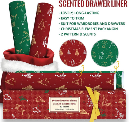 Christmas Scented Drawer Liners – 12 Sheets (14.3" x 19.5") – Apple Cinnamon & Cedar Fragrance – Festive Shelf Paper for Dressers, Closets & Holiday Gifting (Gift Box Included)