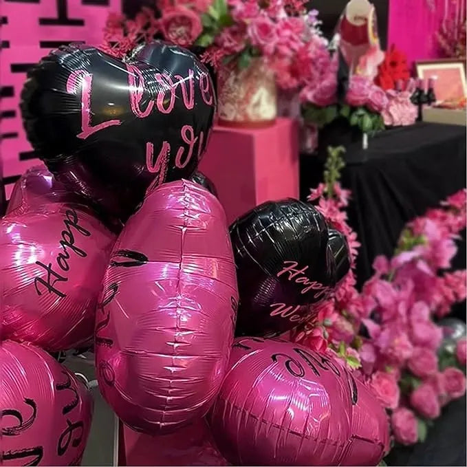10Pcs Black & Hot Pink Heart Shape Foil Mylar Balloons 18 Inch for Valentine's Day, Birthday Party Decorations, Wedding, Engagement, Romantic Decorations