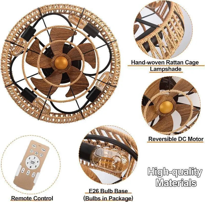 OPFLI 19" Boho Flush Mount Ceiling Fan with Remote