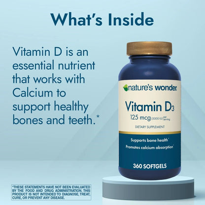 Nature's Wonder Vitamin D3 5000iu (125mcg) High Potency, Dietary Supplement to Support Bone Health and Immune System, Gluten Free, 360 Softgels