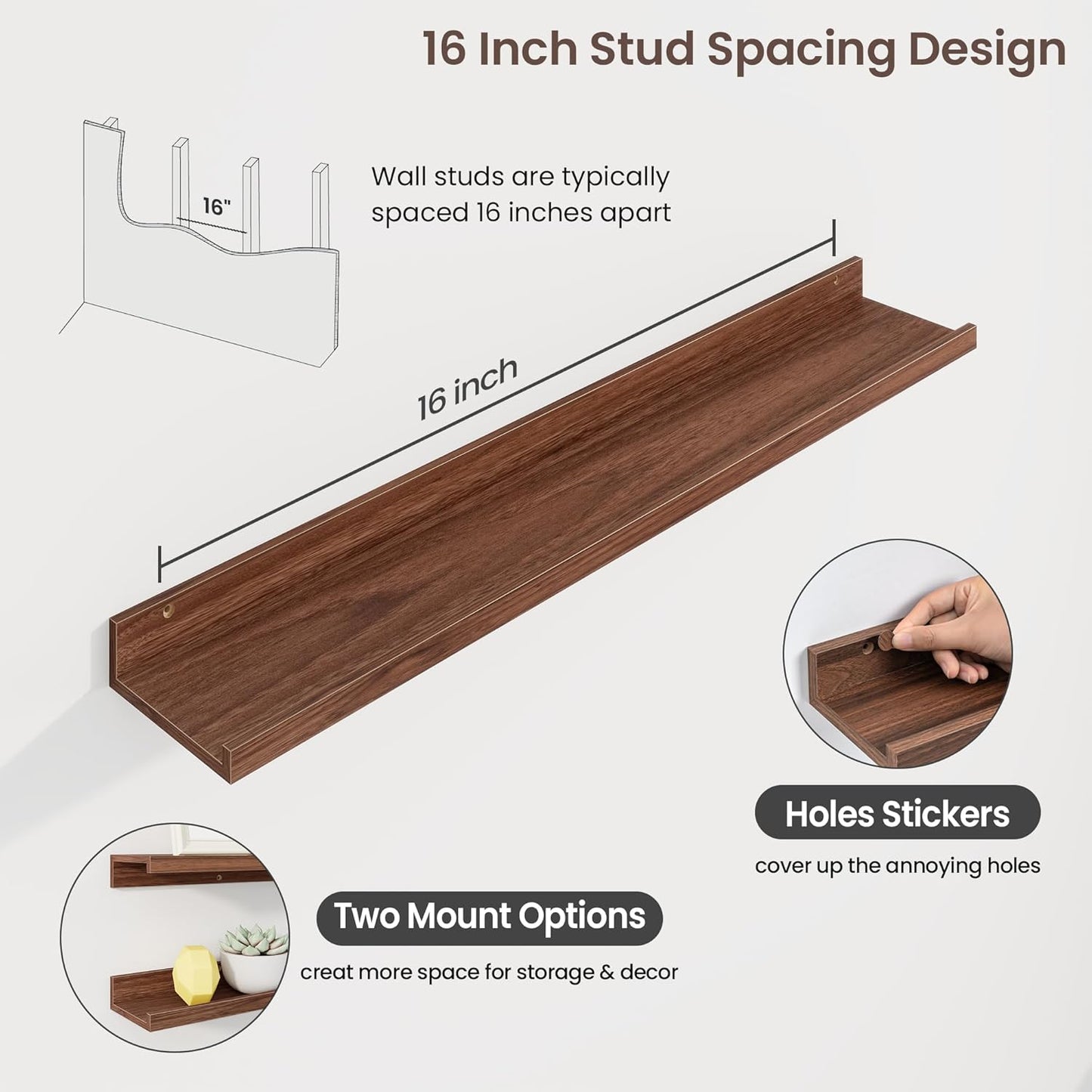 Set of 3 Walnut Picture Ledge Shelves (36 Inch) - U-Shaped Floating Wall Mount for Photos, Vinyl Records & Decor - Modern Display Ledge