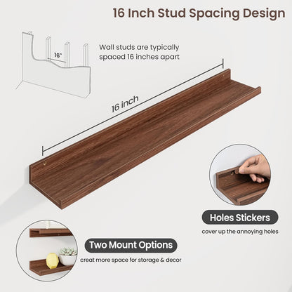 Set of 3 Walnut Picture Ledge Shelves (36 Inch) - U-Shaped Floating Wall Mount for Photos, Vinyl Records & Decor - Modern Display Ledge