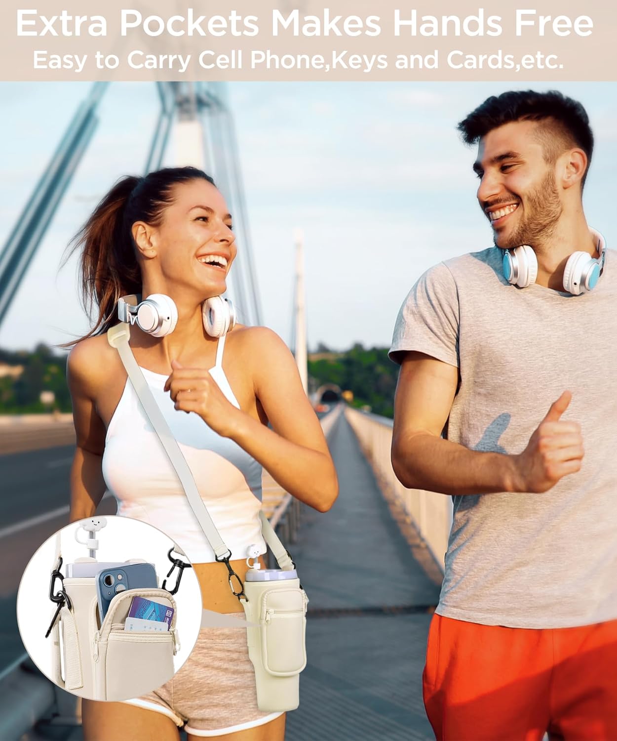 Water Bottle Holder with Strap, Water Bottle Carrier Bag with Phone Pocket, Shoulder Hand Strap Insulated Neoprene 32/40 oz Water Bottle Sleeve for Walking Hiking Camping Gym