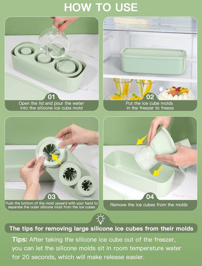 Ice Cube Tray for Tumblers and Stanley Cups, with 3 Hollow Silicone Cylinder Ice Mold with Lid and Bin for Freezer, Easy Fill & Release Ice Maker (Color-Green) (Size- 30 Oz - 40 Oz)
