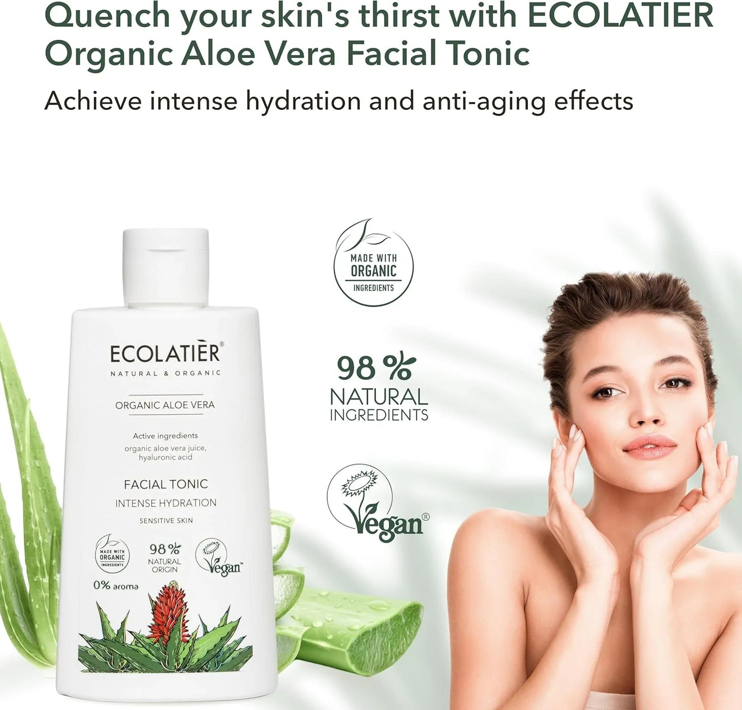 ECOLATIÈR Toner for Face with Organic Aloe Vera – Intense Hydration, Vegan, 98% Natural, Moisturizing & Soothing for Sensitive Skin, Gentle Daily Use, Tones & Softens, 8.5 Fl Oz / 250ml