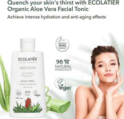 ECOLATIÈR Toner for Face with Organic Aloe Vera – Intense Hydration, Vegan, 98% Natural, Moisturizing & Soothing for Sensitive Skin, Gentle Daily Use, Tones & Softens, 8.5 Fl Oz / 250ml