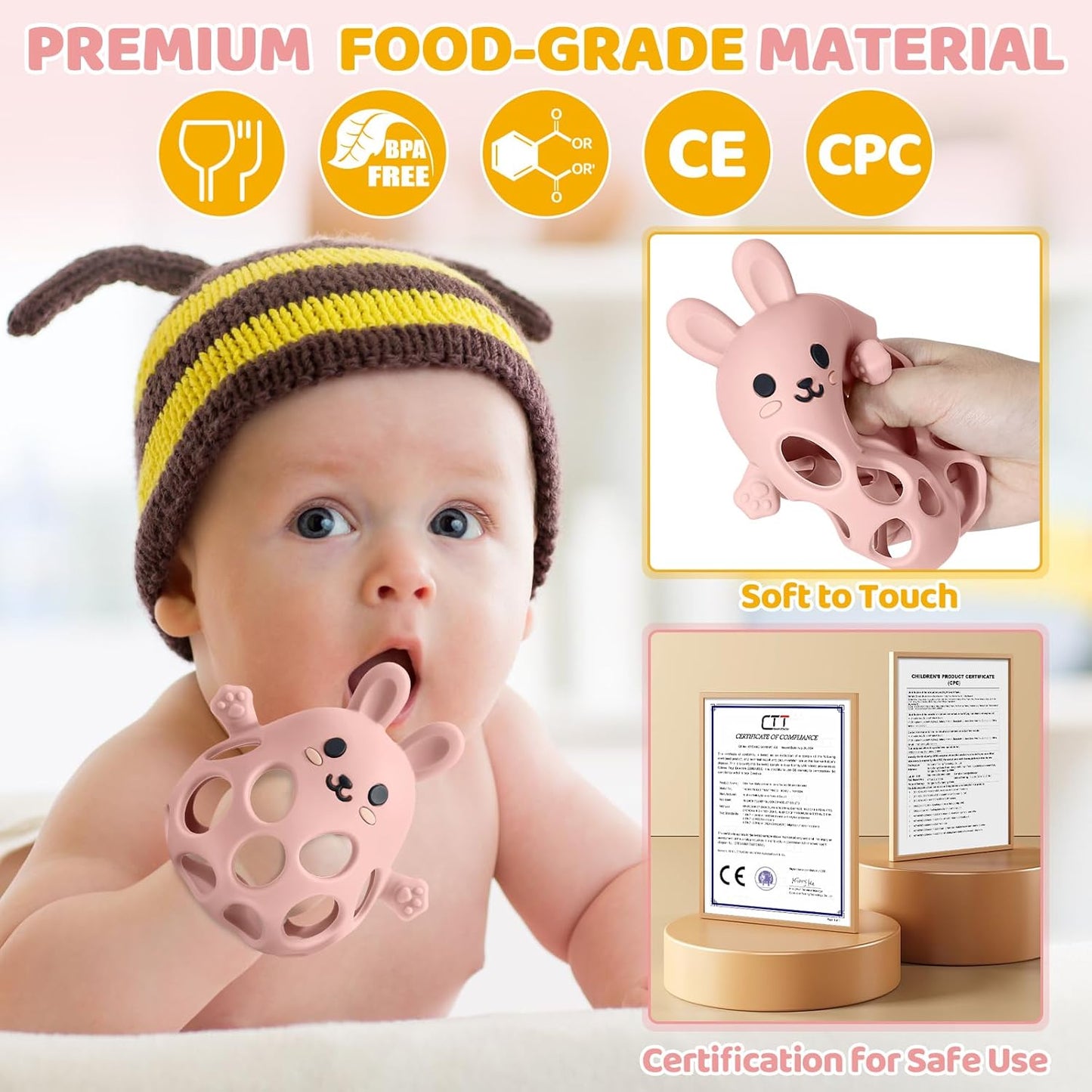 New Infant Silicone Baby Teether Toy Sensory Toy from 0 Months Prevents Finger Sucking (Rose Pink)