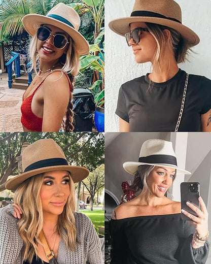 FURTALK Womens Wide Brim Straw Panama Hat Fedora Summer Beach Sun Hats UPF Straw Hat Khaki (LARGE)