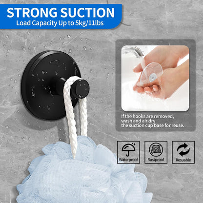 2 Pack Suction Cup Hooks for Shower, Towel Hooks for Bathrooms, Suction Hooks for Windows, Glass, Mirror, Tile, No Drill Shower Hooks for Hanging Loofah, Robe, Matte Black,