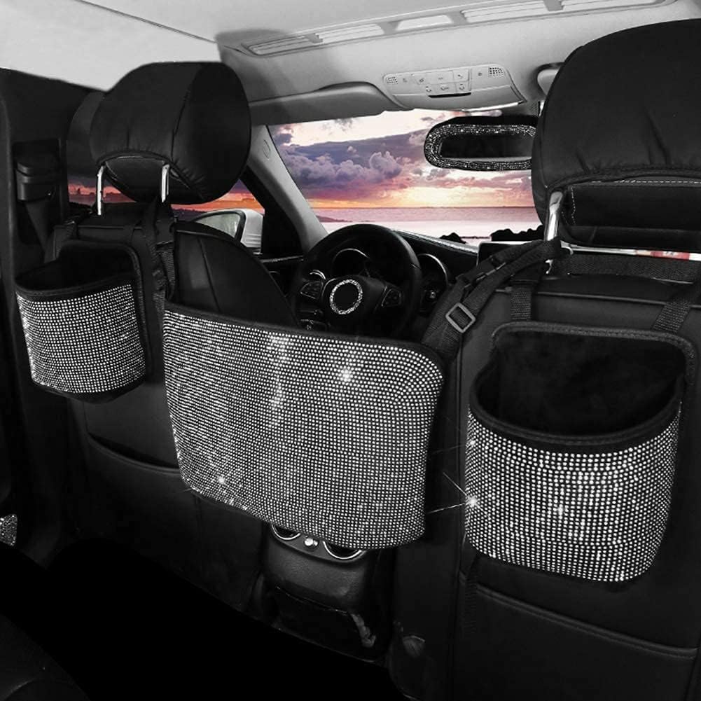 Bling Car Net Pocket Handbag Holder with Rhinestones, Universal Fit, Silver