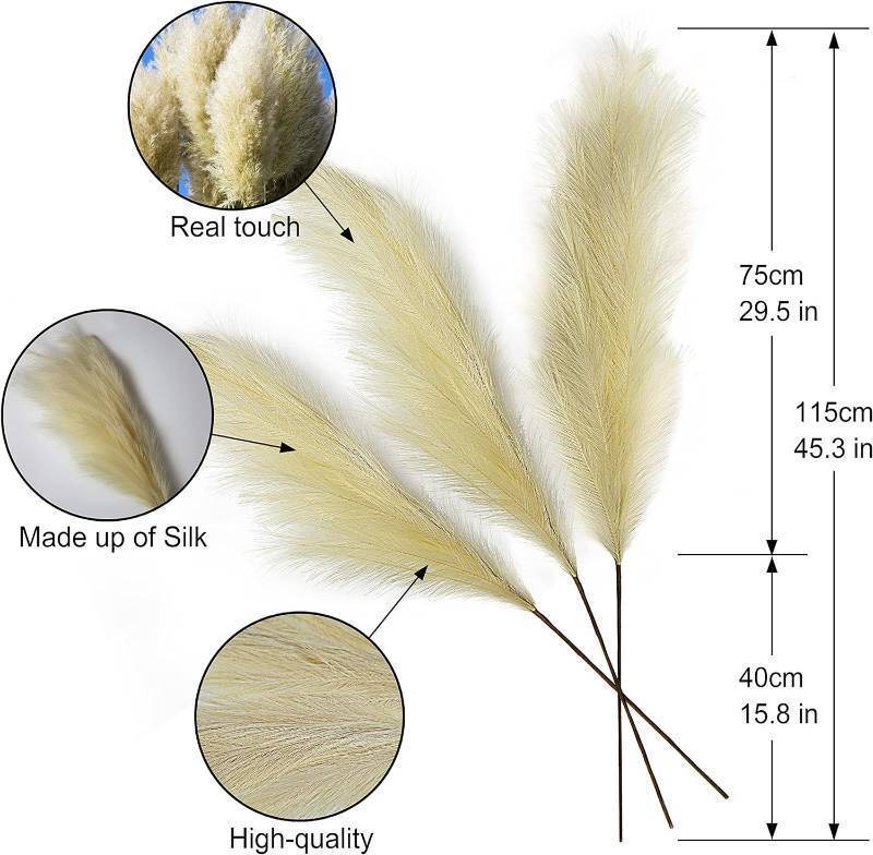 3 Branch Set Faux Pampas Grass Dcor Tall -Artificial Dried Pampas Grass 3 Pieces 115cm(45inches) Bunny Tails Dried Flowers - Pompas Grass Branches- Modern Boho Decor For Home Office