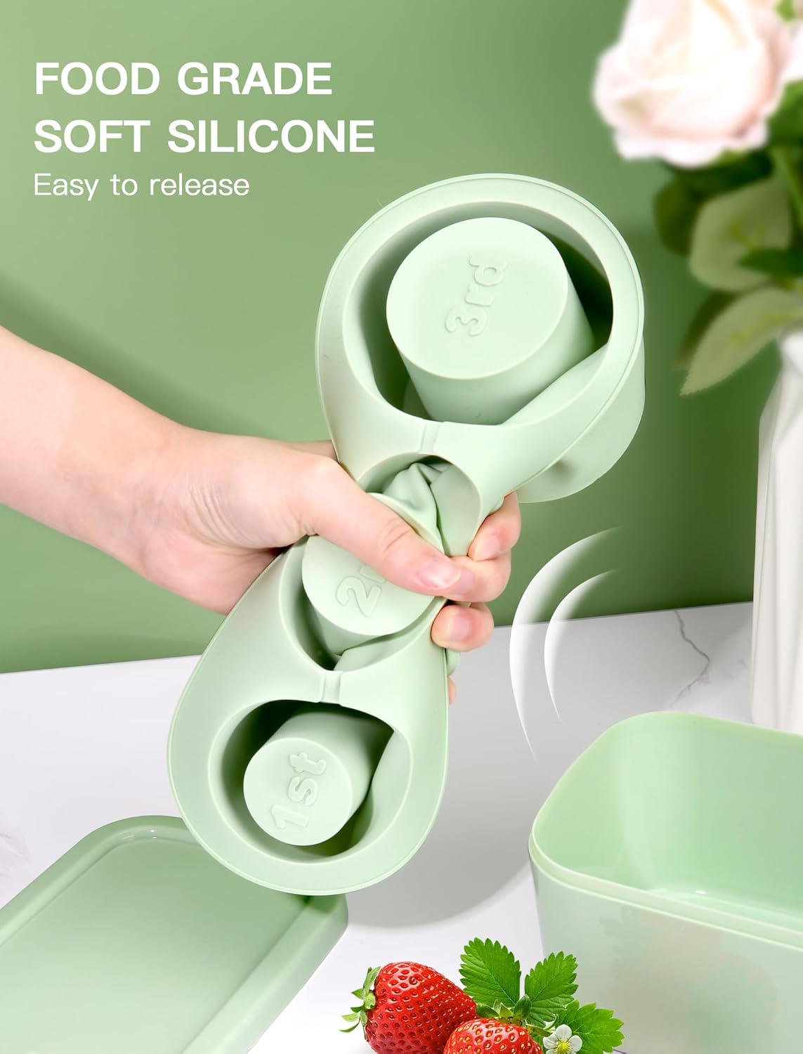 Ice Cube Tray for Tumblers and Stanley Cups, with 3 Hollow Silicone Cylinder Ice Mold with Lid and Bin for Freezer, Easy Fill & Release Ice Maker (Color-Green) (Size- 30 Oz - 40 Oz)