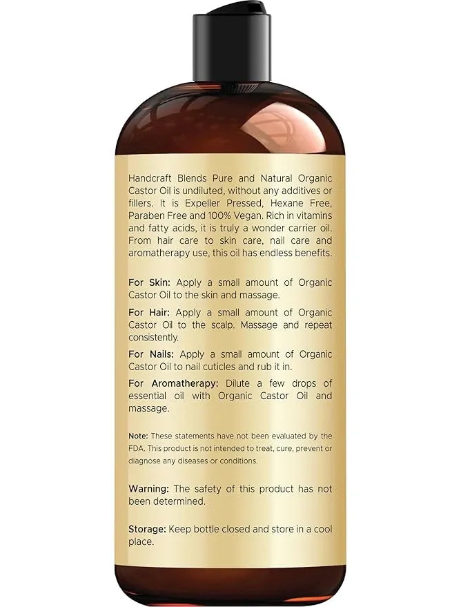 Handcraft Blends Organic Castor Oil - 16 Fl Oz - 100% Pure and Natural - Premium Grade Carrier Oil for Hair Growth, Eyelashes and Eyebrows - Hair and Body - Expeller-Pressed & Hexane-Free