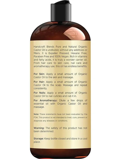 Handcraft Blends Organic Castor Oil - 16 Fl Oz - 100% Pure and Natural - Premium Grade Carrier Oil for Hair Growth, Eyelashes and Eyebrows - Hair and Body - Expeller-Pressed & Hexane-Free