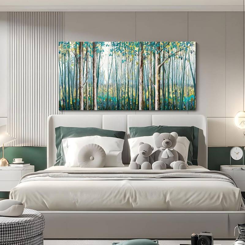 Large 60x30" Hand-Painted Birch Tree & Green Leaf Oil Painting on Canvas — Modern Landscape Wall Art for the Living Room, Bedroom, or Office.