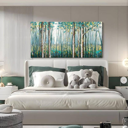 Large 60x30" Hand-Painted Birch Tree & Green Leaf Oil Painting on Canvas — Modern Landscape Wall Art for the Living Room, Bedroom, or Office.