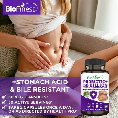 Biofinest Probiotic 50 Billion CFU Enzyme Supplement - 12 Probiotics Strains with 3 Prebiotics (60 veg. caps)