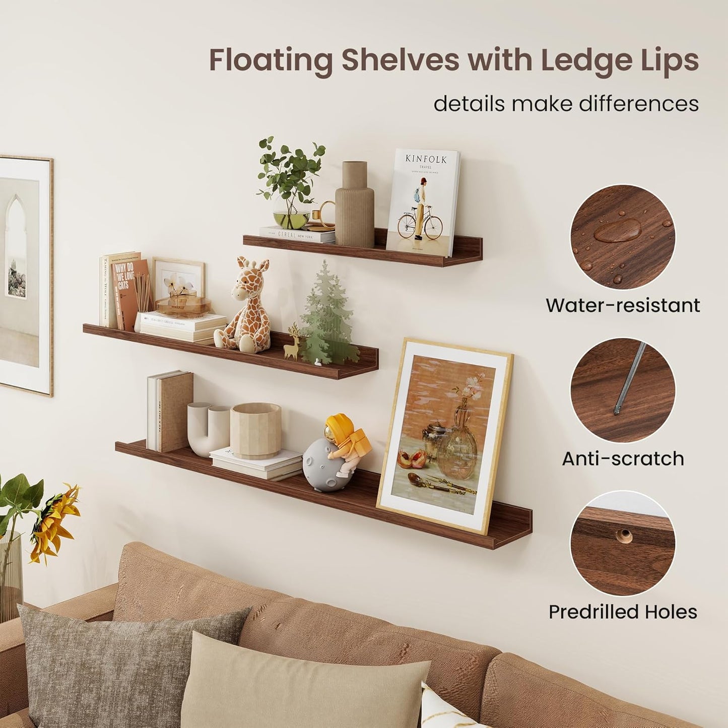 Set of 3 Walnut Picture Ledge Shelves (36 Inch) - U-Shaped Floating Wall Mount for Photos, Vinyl Records & Decor - Modern Display Ledge