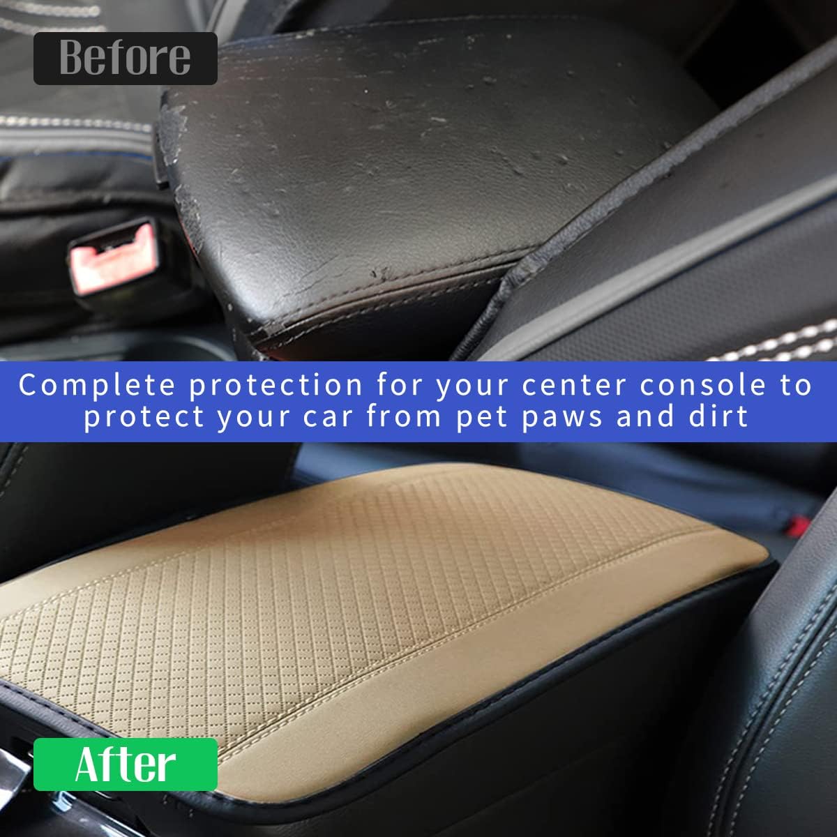 Beige PU Leather Car Center Console Cushion - Waterproof & Non-Slip Armrest Protector