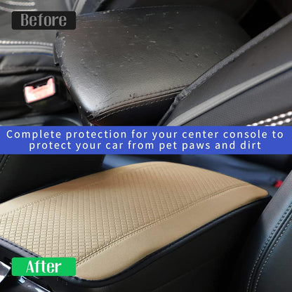 Beige PU Leather Car Center Console Cushion - Waterproof & Non-Slip Armrest Protector