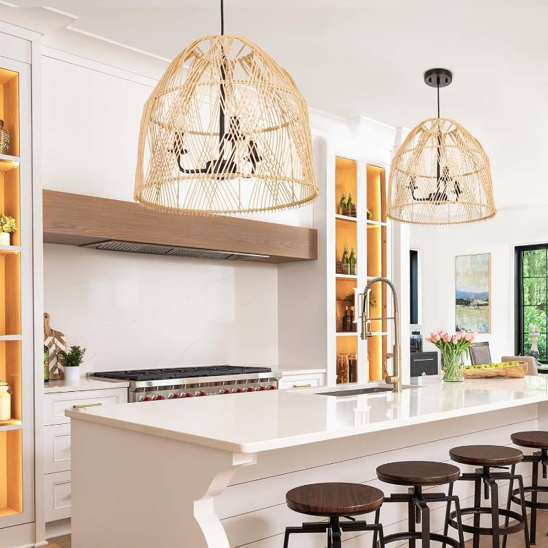 Farmhouse Rattan Pendant Light Fixture, 16 Inch Large Boho Handwoven Hanging Ceiling Mount Lamp Shade, 3-Light Rustic Wicker Chandelier for Kitchen Dining Living Room Bedroom Hallway Foyer