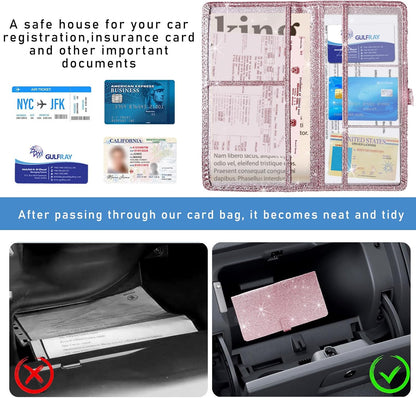 Ziciner Car Registration and Insurance Holder, Auto Card Document Glove Box Organizer with Magnetic Closure, Universal Vehicle Interior Accessories for Cars SUVs (Glitter Pink-Large)