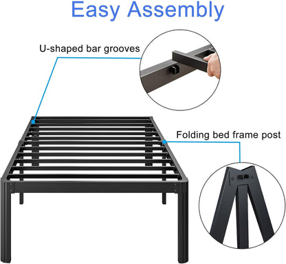 16 Inch High Platform Queen Bed Frame No Box Spring Needed, Metal Bed Frame Queen Size, Noise Free, Easy Assembly, Heavy Duty, Black