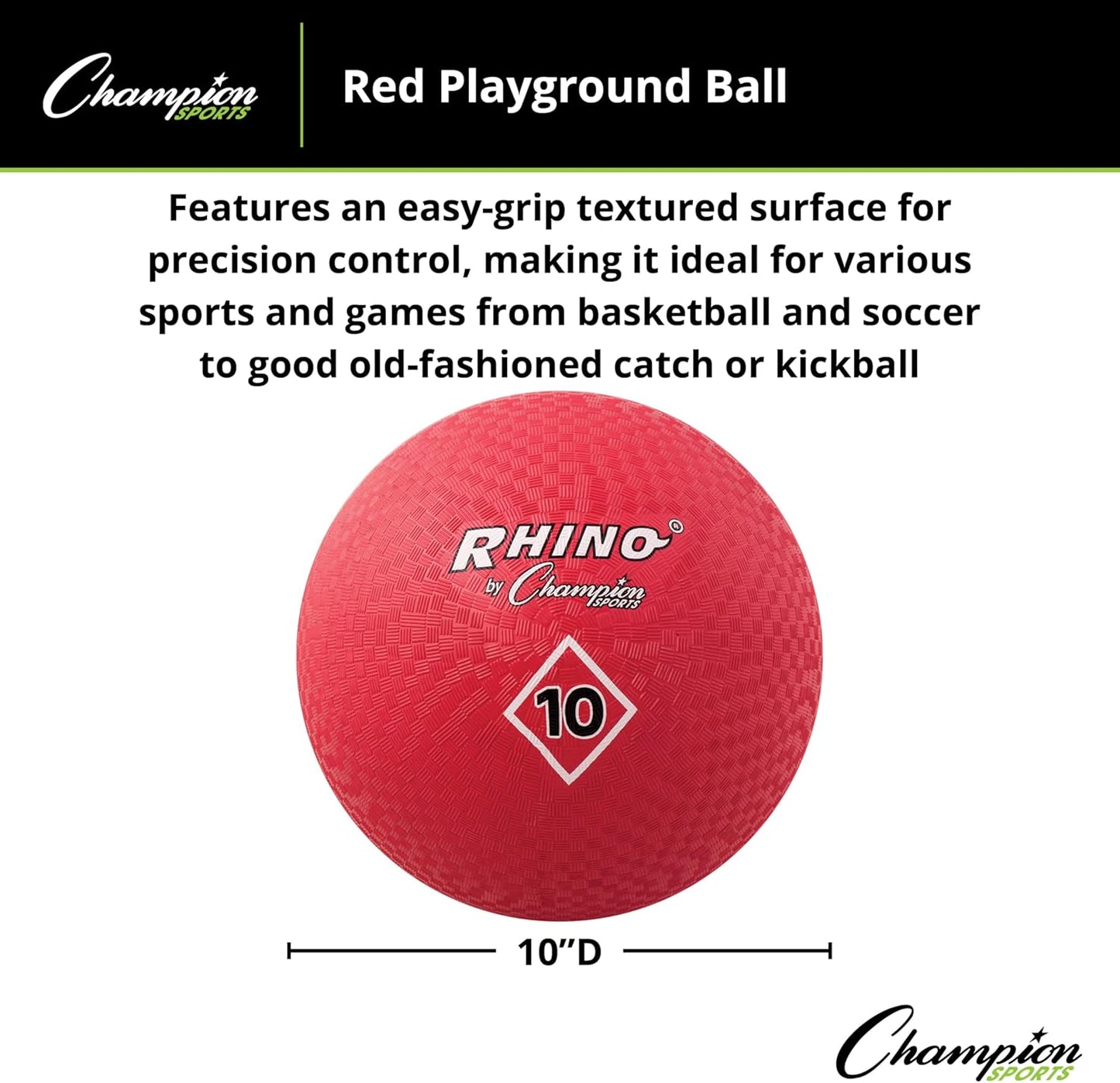 Champion Sports Playground Ball – High-Bounce 2-Ply Construction, Durable Red Ball for Throwing, Catching & Kicking (Size: 10")
