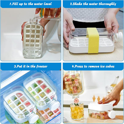 Ice Cube Trays for Freezer, 2 In 1 Ice Cube Tray Water Bottle with Lid and Bin, New Vertical Tray with Lid for Freezer, Easy Ice Release for Freezer (White, 800ml+18 Grids, Straw Not Included)