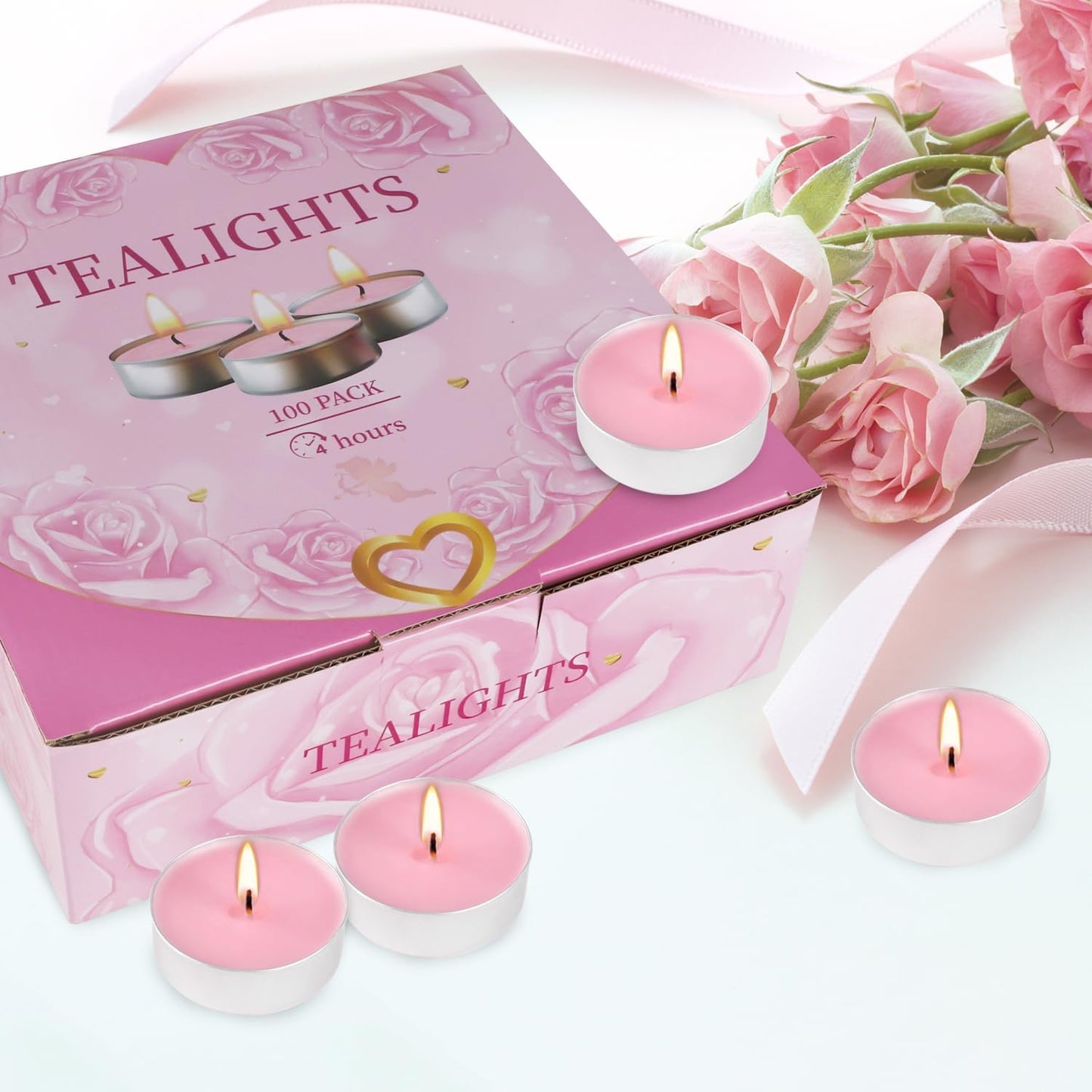 100 Pack Pink Tealight Candles 4 Hour Unscented Votive Candles