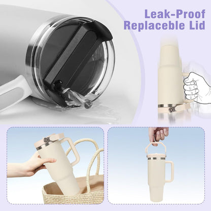 40 oz Flip Straw Leak Proof Lid with Handle for 40 oz. Stanley Quencher H2.0 & Pro Tour, Replacement Lid, Spill-proof, & Reusable (beige)
