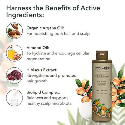 ECOLATIÈR Argan Oil Shampoo – 98.6% Natural, Vegan, Hydrating & Strengthening, Almond Oil & Hibiscus Extract for Revitalized Hair, Gentle for All Hair Types, 8.5 Fl Oz / 250ml