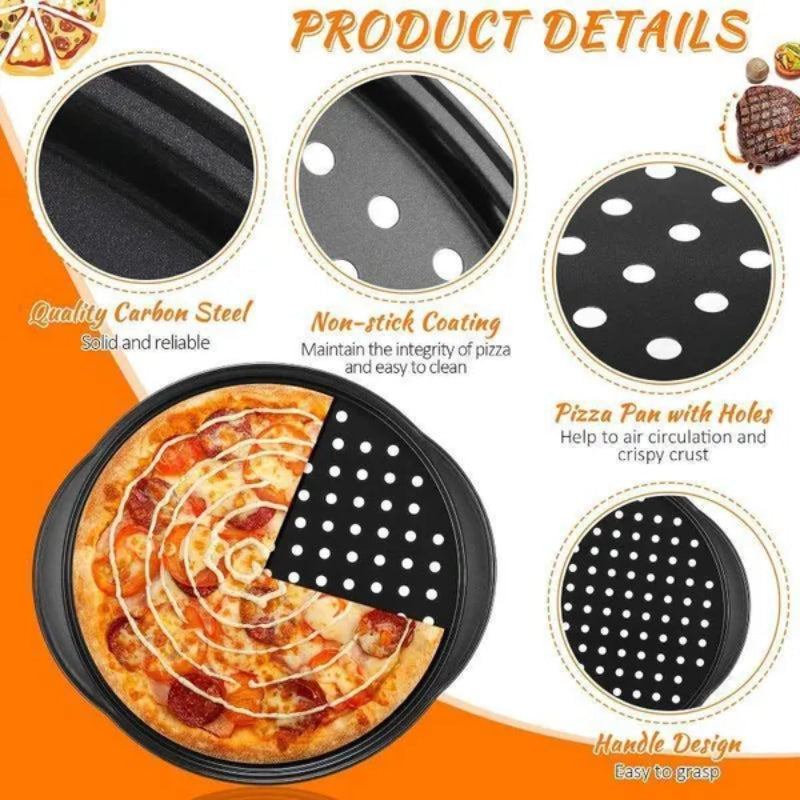 Meekoo 8 Pcs Pizza Pans with Holes and Handle 12 Inch Non Stick Pizza Crisper Tray for Oven Round Carbon Steel Perforated Pizza Baking Accessories for Home Restaurant Kitchen Baking Supplies
