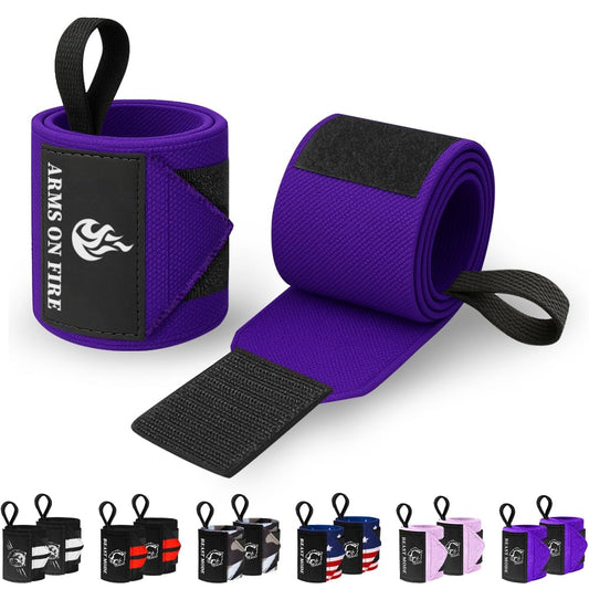 Weightlifting Wrist Wraps with Thumb Loop – PURPLE/BLACK – Arms on Fire – 12 inch – Heavy-Duty Workout Wrist Support & Protection – Ideal for Powerlifting, Strength Training, Bodybuilding
