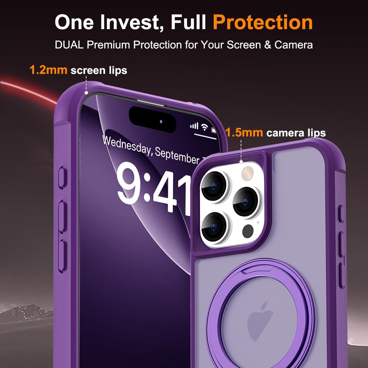 iPhone 16 Pro Case PURPLE with 360° Rotatable Magnetic Ring Stand [Compatible Mag-Safe] [Military Grade Protection] Translucent Matte Phone Cases