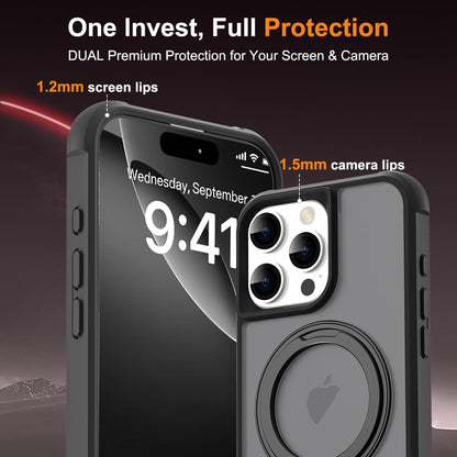 iPhone 16 Pro Case BLACK with 360° Rotatable Magnetic Ring Stand [Compatible Mag-Safe] [Military Grade Protection] Translucent Matte Phone Cases