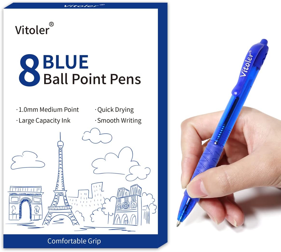 8 Pack Blue Ballpoint Pens, 1.0mm Fine Point Smooth Writing Pens, Retractable Ballpoint Pens for School Office Supplies