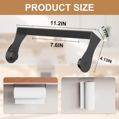Under Cabinet Paper Towel Holder – Stainless Steel Wall Mount Rack for Kitchen & Bathroom, Self-Adhesive or Screw-In Installation, Sleek Modern Design (Black)